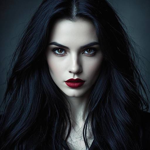 Portrait of Woman with Long Black Hair and Red Lips in Realistic Style