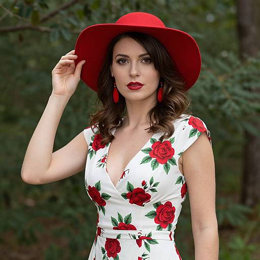 Woman Wearing White Rose Floral Dress and Red Hat Outdoors