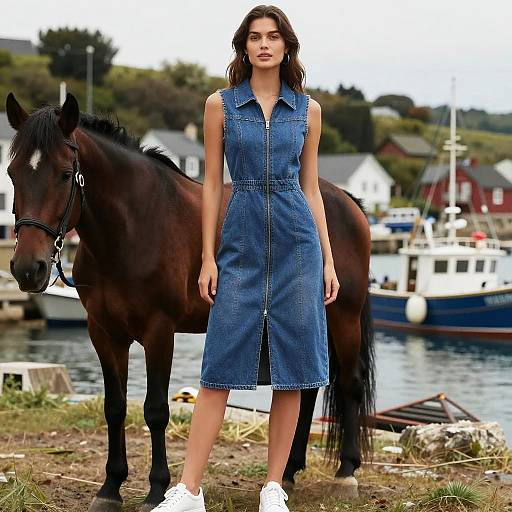 Athletic Woman in Casual Chic Sleeveless Denim Dress with Horse at Waterfront