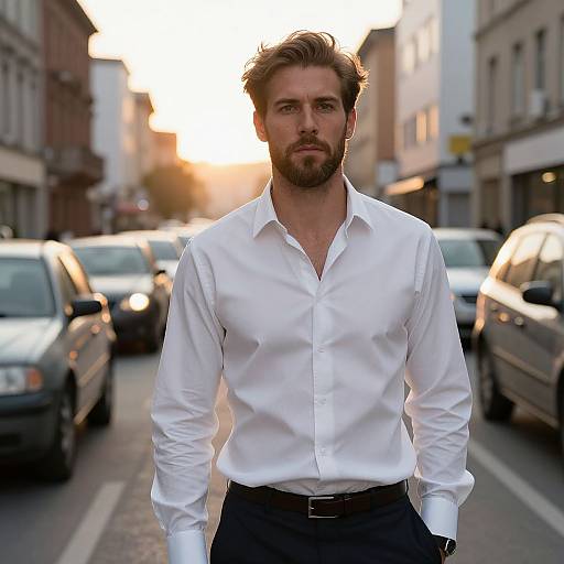Confident Man in White Shirt Walking on Busy City Street at Sunset