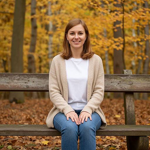 Young Woman Sitting on Bench in Autumn Forest