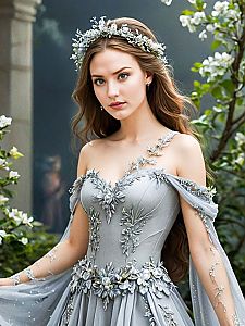 Young Woman in Silver Gown with Floral Embroidery