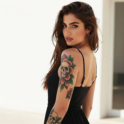 Stylish Woman with Skull and Flower Tattoos Wearing Black Dress