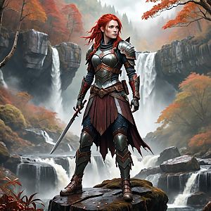Red-haired warrior in medieval armor by a waterfall in autumn