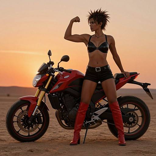 Strong Woman with Red Motorcycle at Desert Sunset