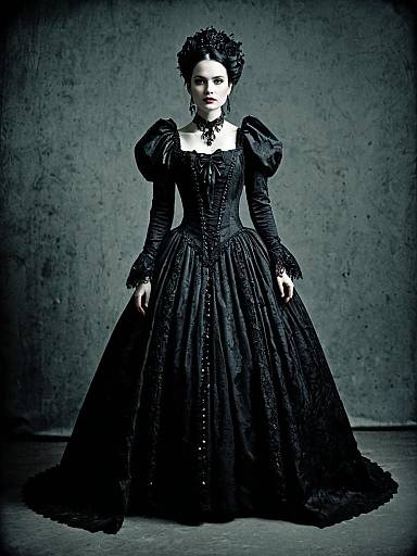 Woman in Elaborate Black Gothic Victorian Gown Full Body Photo