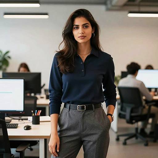 Confident Woman in Modern Office Wearing Smart Casual Outfit