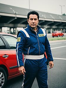 Man in Racing Uniform Beside Red Car