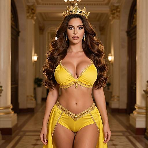Glamorous Woman in Yellow Regal Outfit and Crown in Luxurious Interior