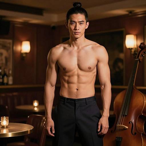 Shirtless Fit Man Standing in Elegant Dim-lit Room with Double Bass