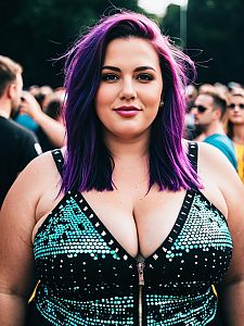 Plus-Size Woman in Detailed EDM Festival Outfit with Purple Hair