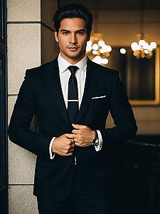 Man in Classic Black Suit and Tie at Formal Black Tie Event
