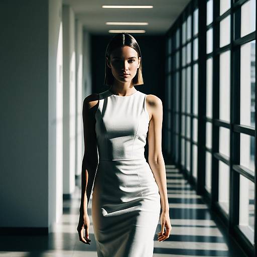 Woman in White Dress Standing in Modern Corridor with Natural Light