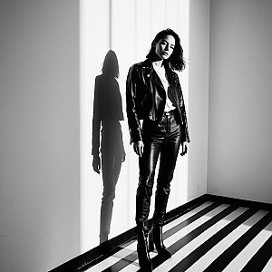 Confident Woman in Minimalist Room - Black and White Fashion