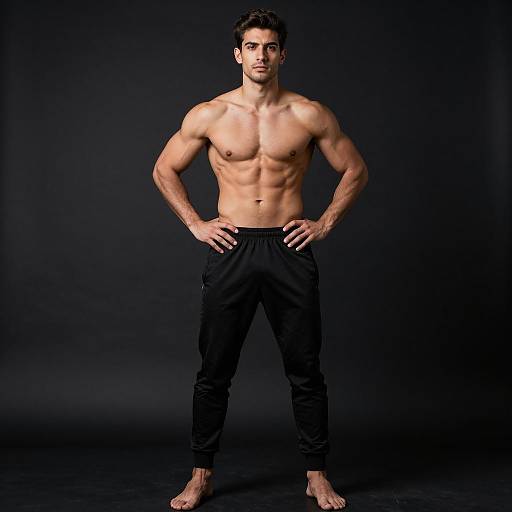 Muscular Young Man in Athletic Pants Posing Barefoot on Dark Background