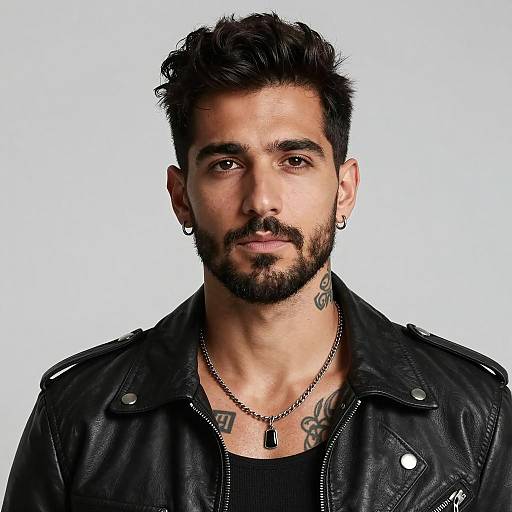 Stylish Man Wearing Black Leather Jacket with Tattoos and Necklace