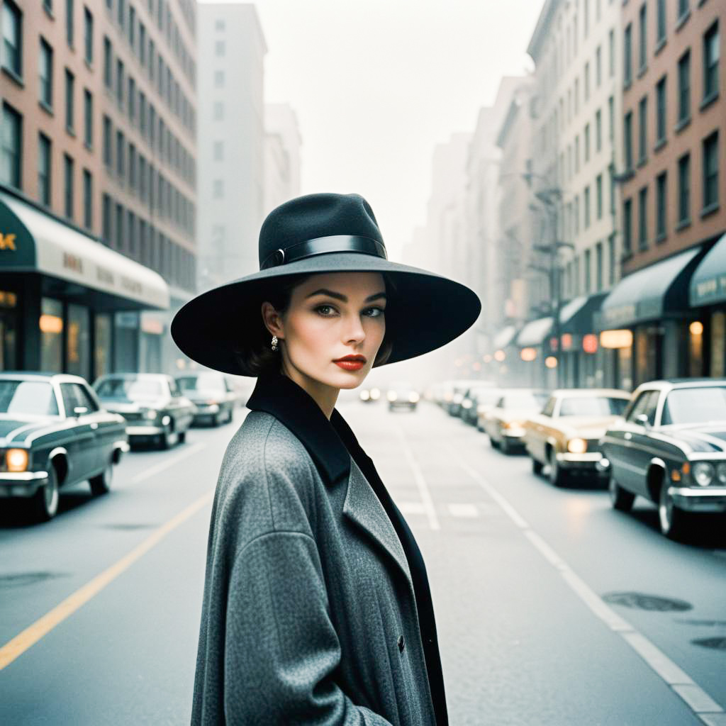 Stylish Woman in Black Hat and Gray Coat in Vintage City