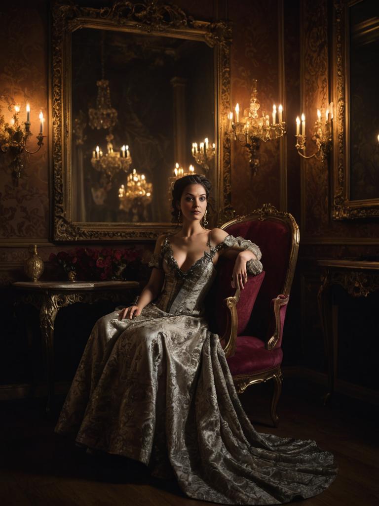 Elegant Woman in Vintage Ball Gown in Opulent Room