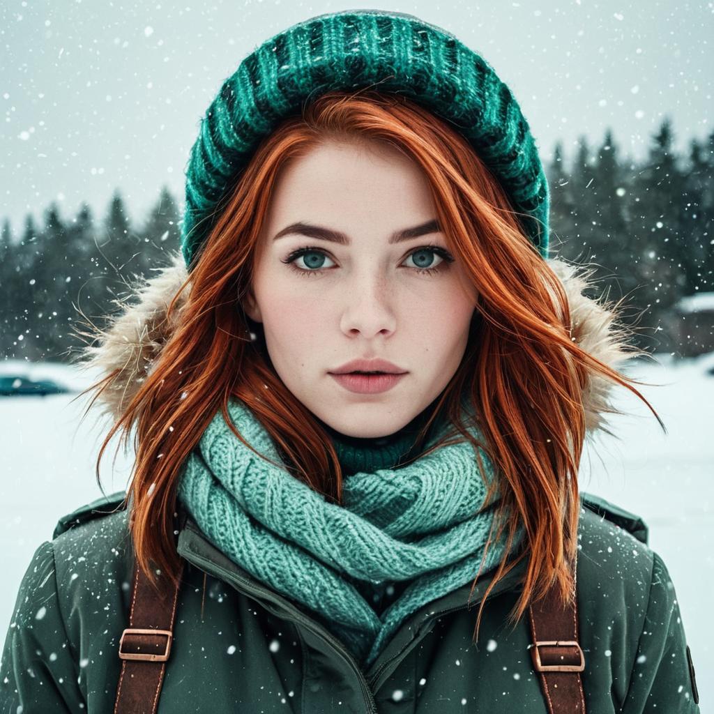 Portrait of Red-Haired Woman in Winter Snowfall with Green Beanie and Scarf