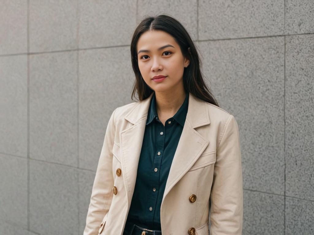 Woman in Stylish Beige Jacket with Dark Blouse