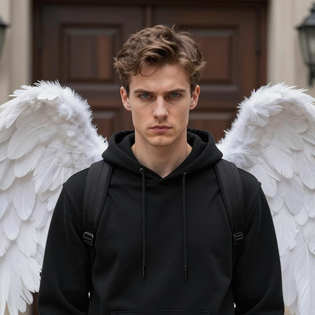 Serious Young Man with White Angel Wings in Black Hoodie