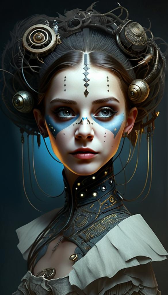 Steampunk Woman with Mechanical Headgear and Geometric Makeup
