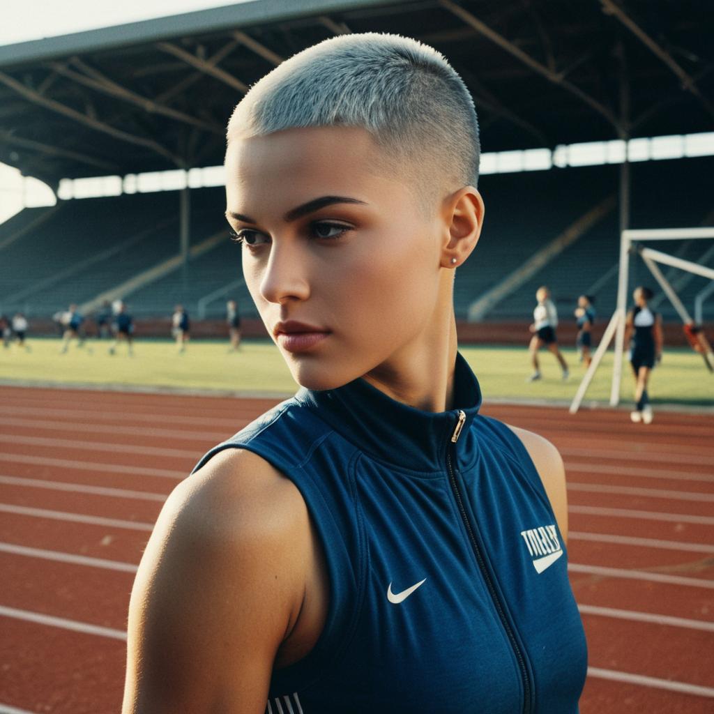 Portrait of Determined Female Athlete on Running Track at Stadium