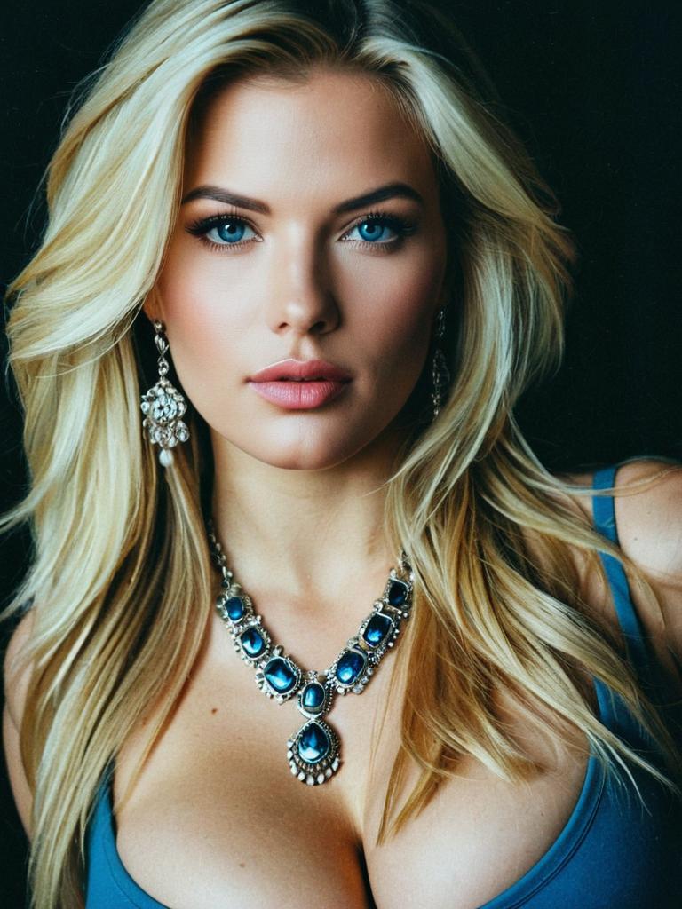 Blonde Woman with Long Angled Layered Hairstyle Wearing Blue Gemstone Jewelry