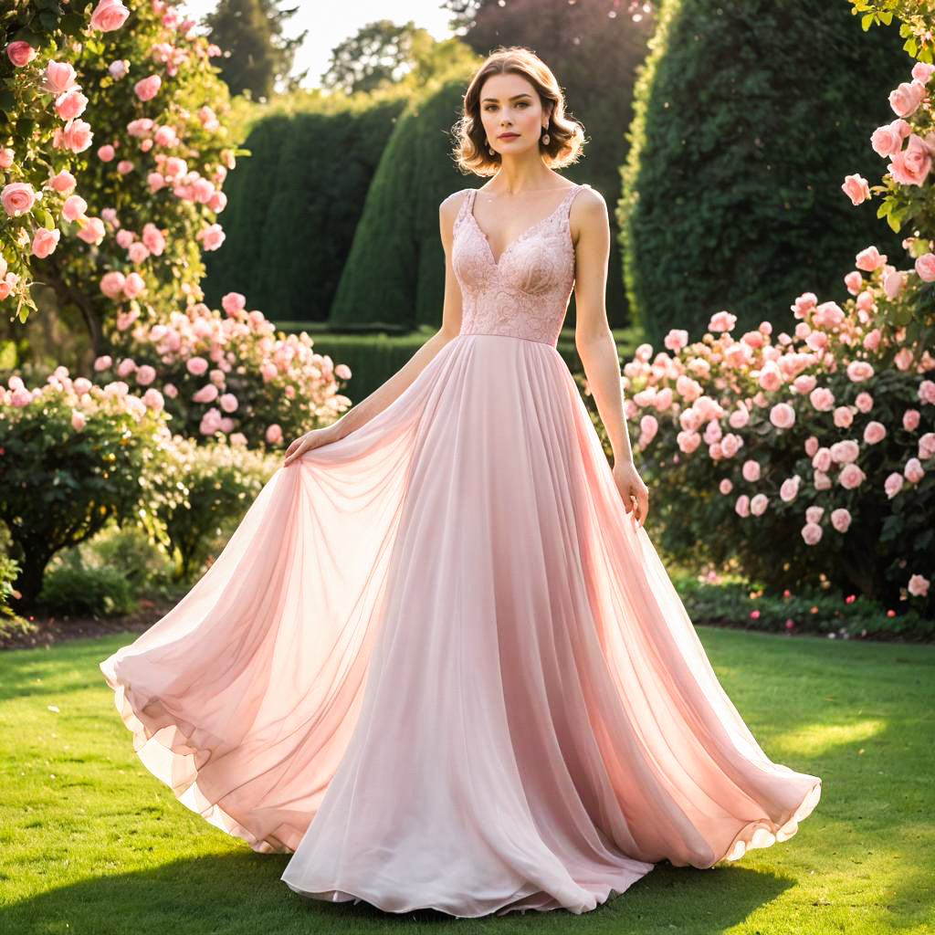 Graceful Woman in Pink Gown in Lush Garden