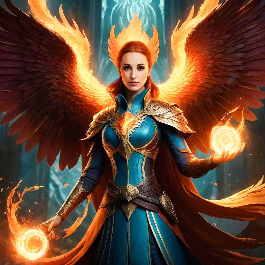 Powerful Woman in Blue and Gold Armor with Flaming Wings