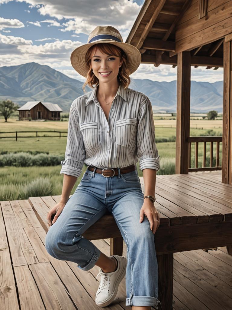 Stylish Woman on Porch in Summer Outfit