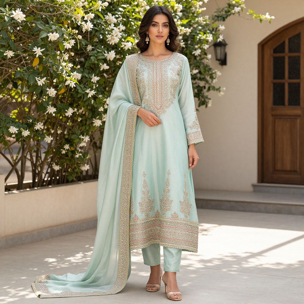 Elegant Pastel Blue Traditional Embroidered Outfit with Dupatta
