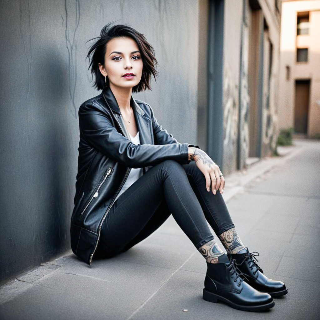 Confident woman in black leather jacket against urban backdrop