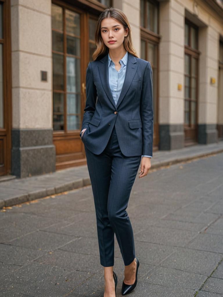 Confident Woman in Blue Business Suit in Urban Setting