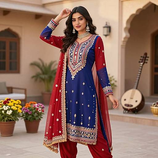Traditional Blue and Red Embroidered Indian Kurta Outfit with Jewelry