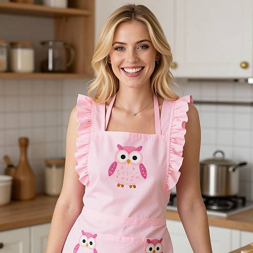 Smiling Woman in Pink Owl Print Apron in Cozy Kitchen
