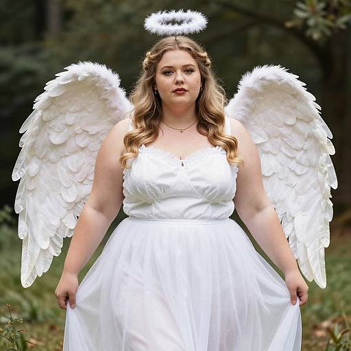 Plus Size Fallen Angel Woman in White Dress with Angel Wings