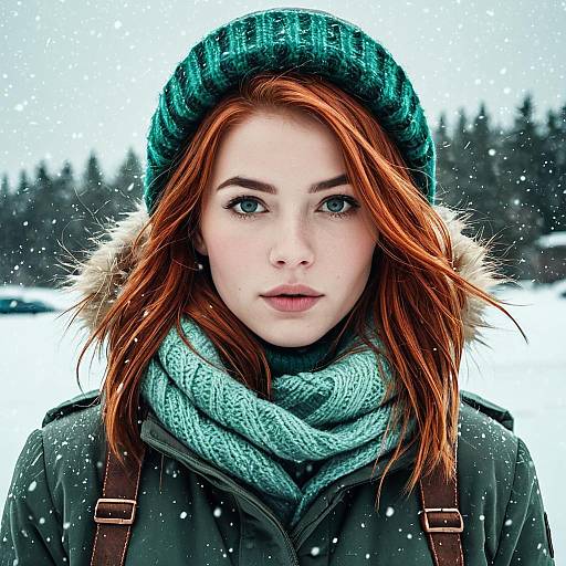 Portrait of Red-Haired Woman in Winter Snowfall with Green Beanie and Scarf