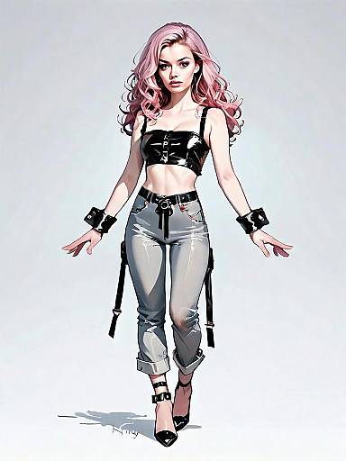 Realistic Digital Art of Woman with Pink Hair Wearing Black Latex Crop Top and Silver Pants Full Body