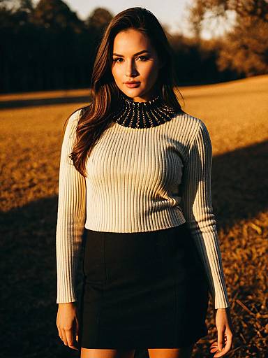 Woman Chic Beige High Neck Ribbed Sweater with Black Skirt Outdoor Fashion