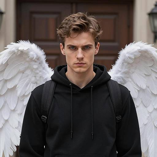 Serious Young Man with White Angel Wings in Black Hoodie