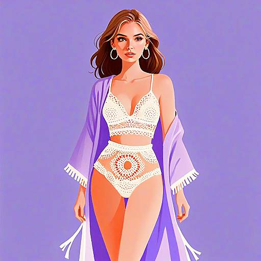 Woman Wearing High Waisted Crochet Swimsuit with Lavender Cover-Up Illustration