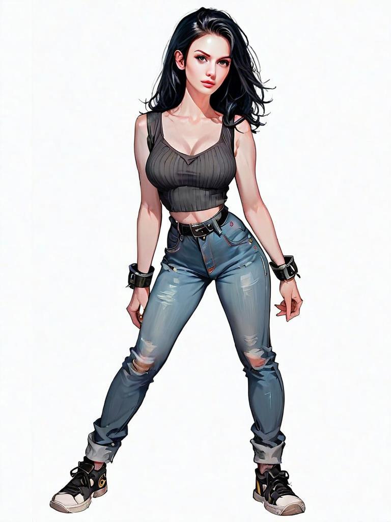 Realistic Digital Illustration of Woman in Casual Edgy Outfit Full Body