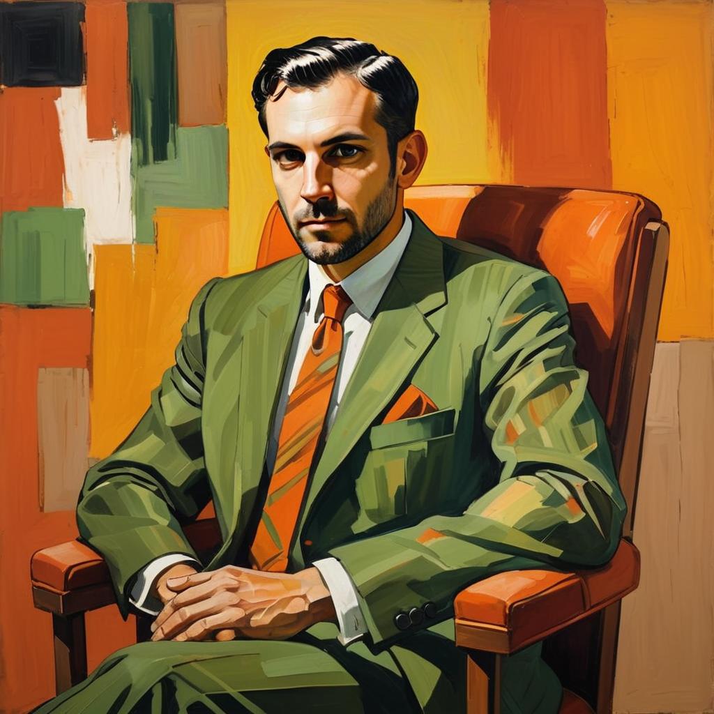 Stylized Digital Portrait of Man in Green Suit with Orange Background