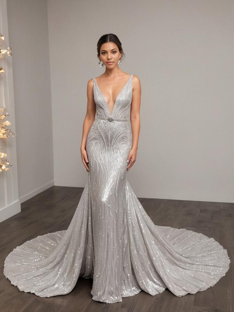 Woman in Silver Evening Gown with Intricate Sequins