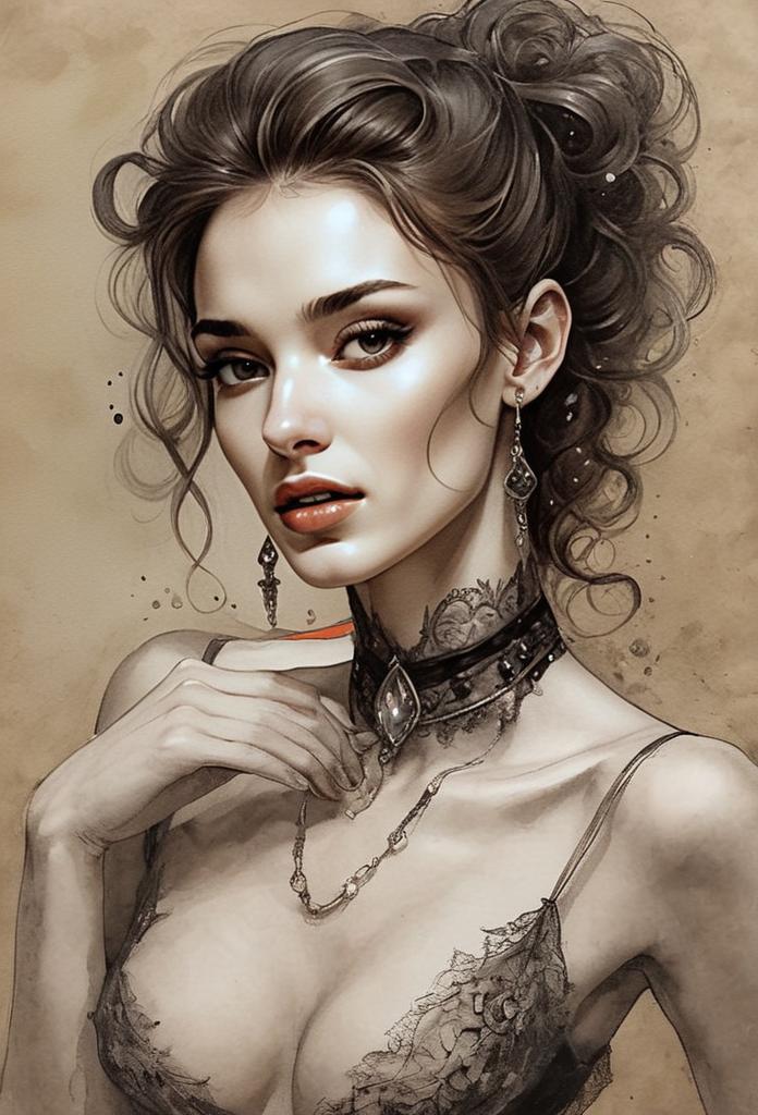 Victorian Style Elegant Woman Digital Portrait with Lace and Jewelry
