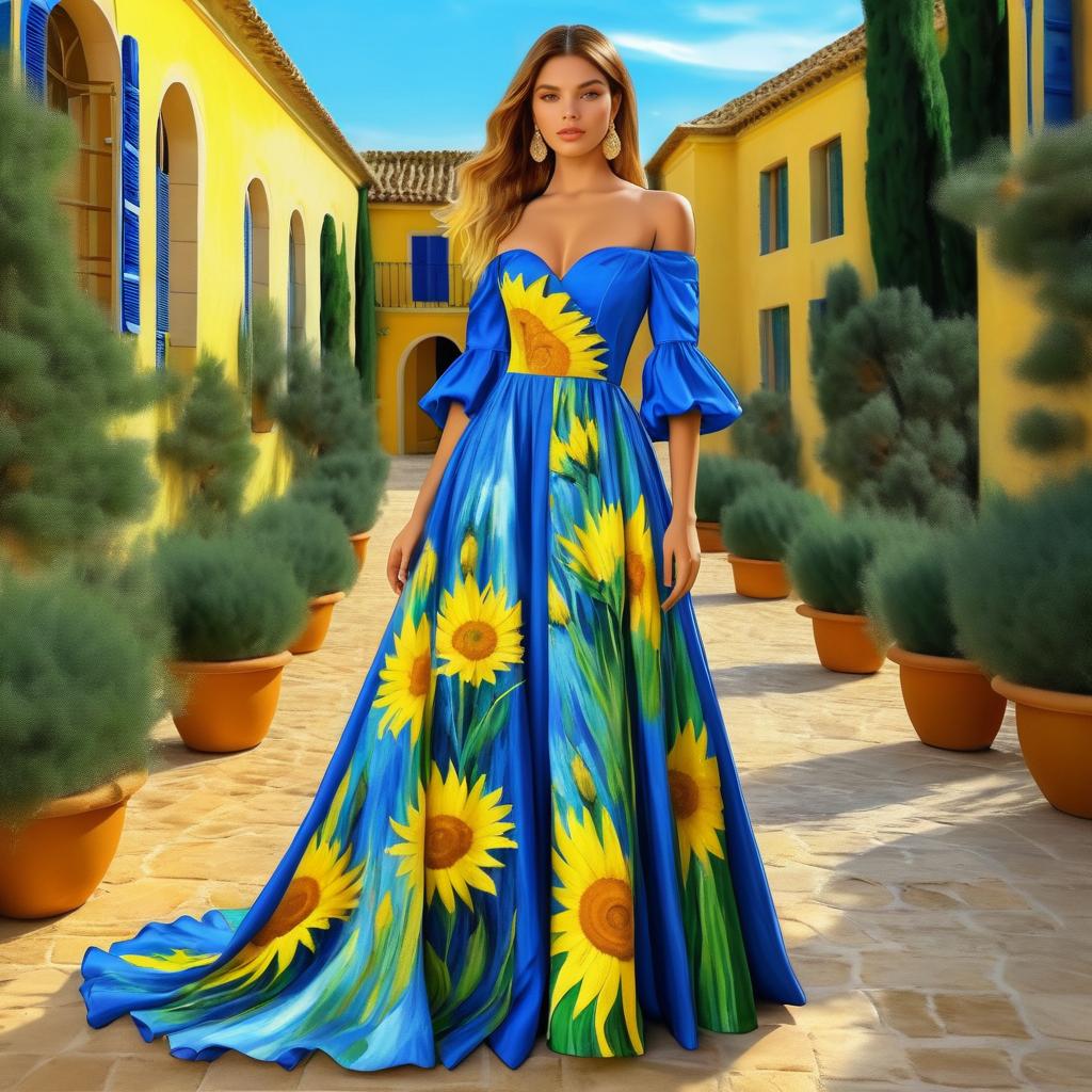 Woman in Blue Gown with Sunflowers in Charming Setting