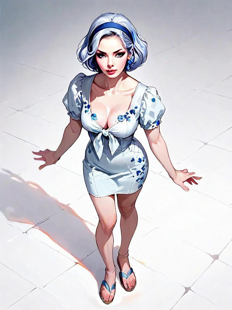 Realistic Comic Style Illustration of Woman in White Floral Dress Full Body