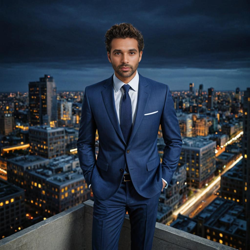 Man in Blue Suit on Rooftop with Cityscape and Dramatic Sky