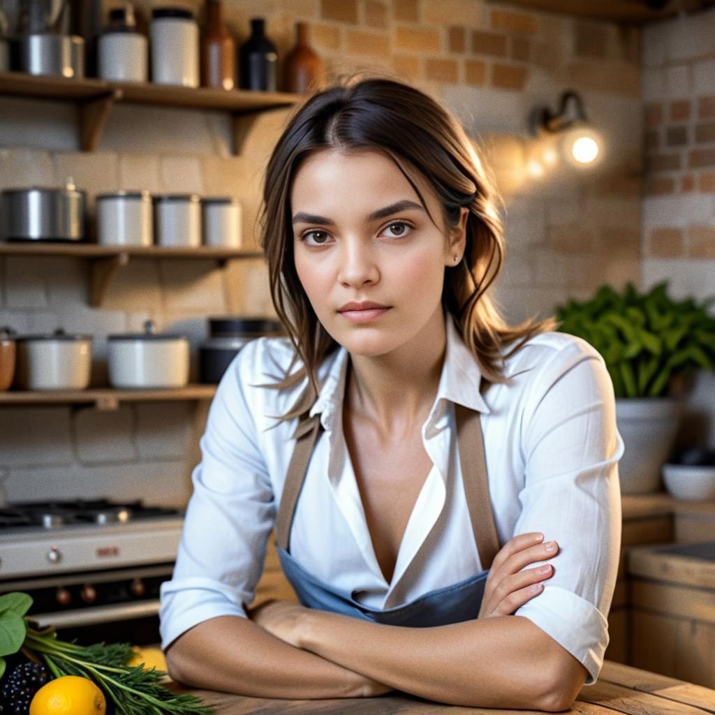 Confident young woman in white shirt and apron in rustic kitchen